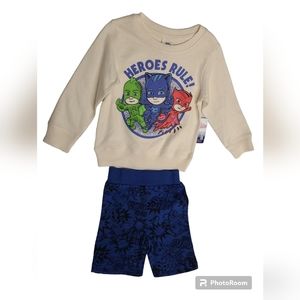 PJ Mask Boy 2 Piece Long Sleeve Tan Shirt & Blue Shorts Outfit Size 3T